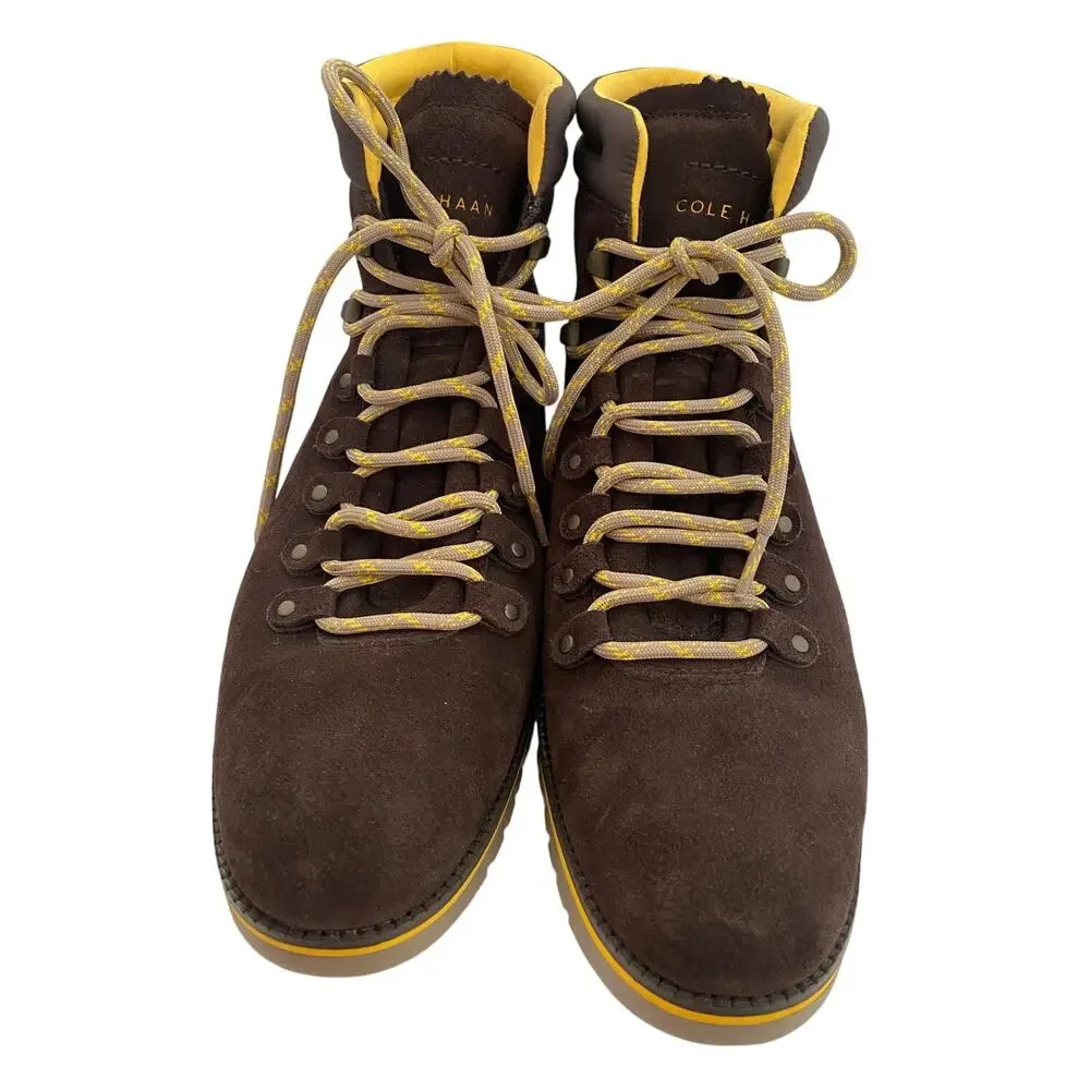 Cole Haan Brown Suede Hiking-Style Lace-Up Boots with Yellow Accents